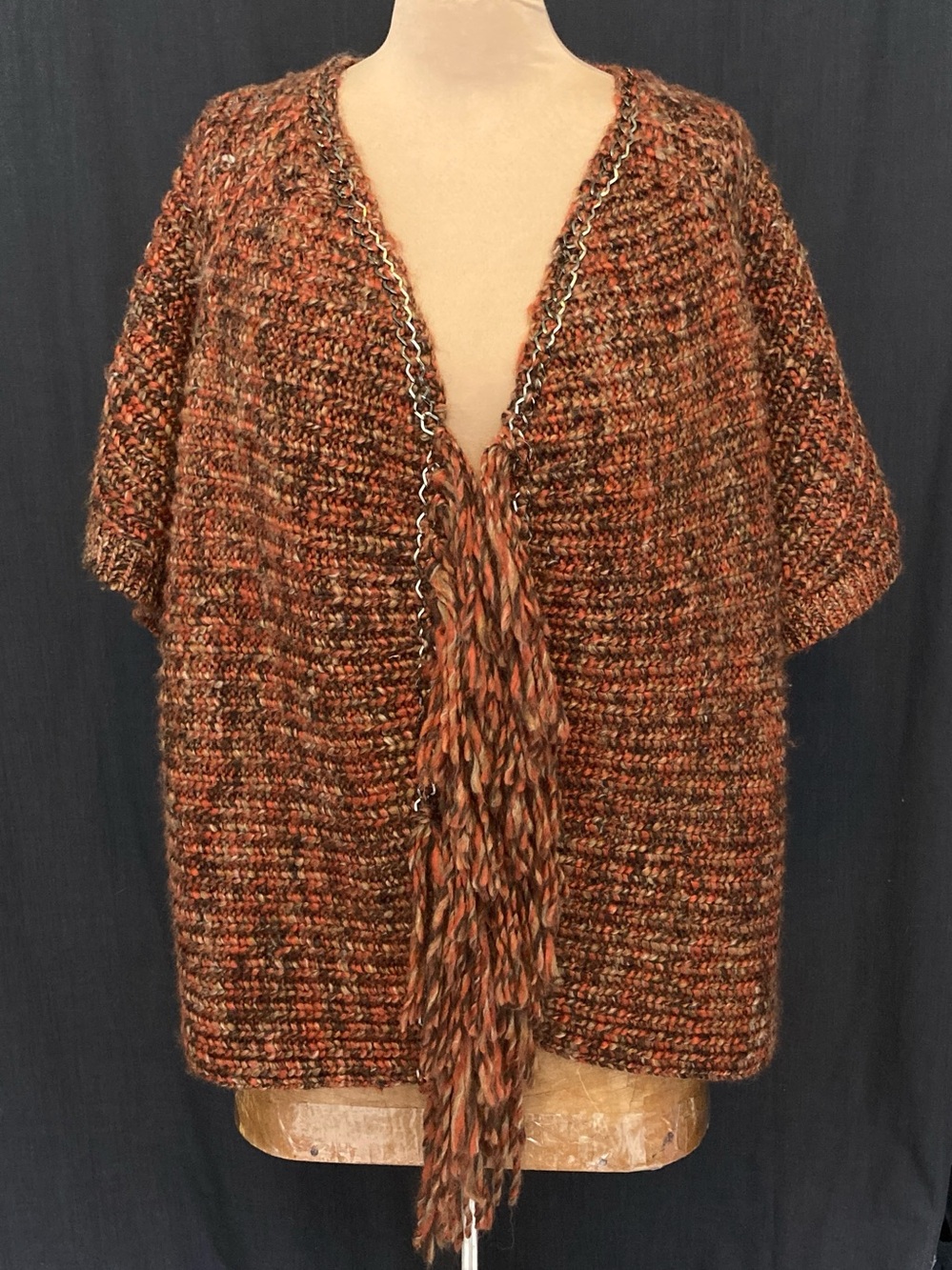 Chunky Open-Front Short-Sleeve Sweater Cardigan in Rust w/ Fringe Detail Chico’s